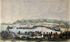 「1853年7月14日、久里浜におけるペリー提督指揮下のアメリカ人最初の日本上陸（ペリー艦隊の久里浜上陸図）」