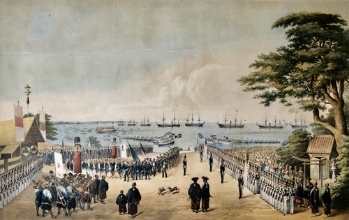 1854年3月8日、ペリー提督と艦隊士官が（日本）帝国委員との面会のため