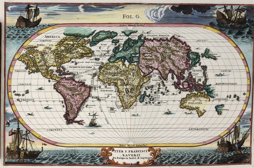 「ザビエルのヨーロッパからインド、日本への航路を記した世界図」