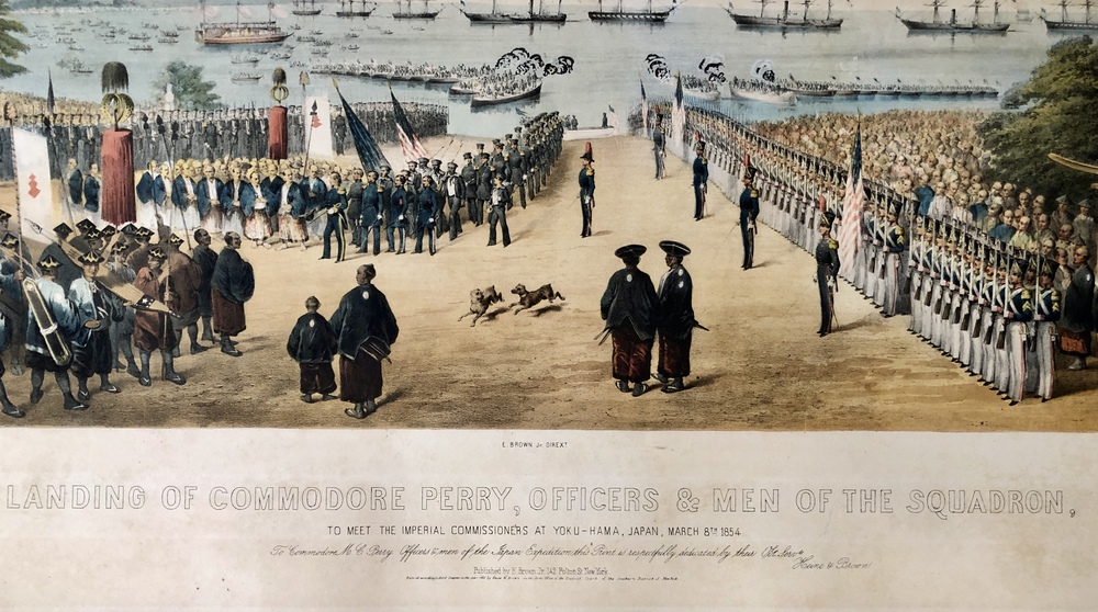 1854年3月8日、ペリー提督と艦隊士官が（日本）帝国委員との面会のため 