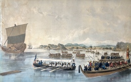 「ルビコン川を渡る：1853年7月11日、江戸湾調査の間に、ベント海尉率いる『ミシシッピ号の』小艇が日本の船隊の間を突き進む（ペリー艦隊の江戸湾侵入図）」