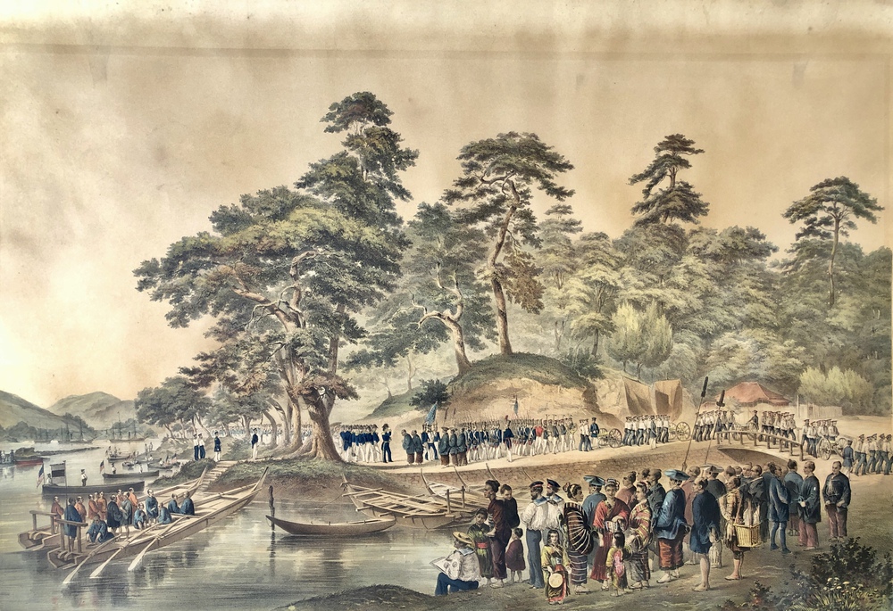 1854年6月8日、ペリー提督と艦隊士官が（日本）帝国委員との面会のため 