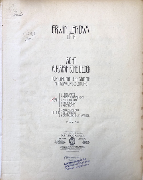 『8つの古い日本の歌：第1部(1−5）』（作品番号6）（楽譜）